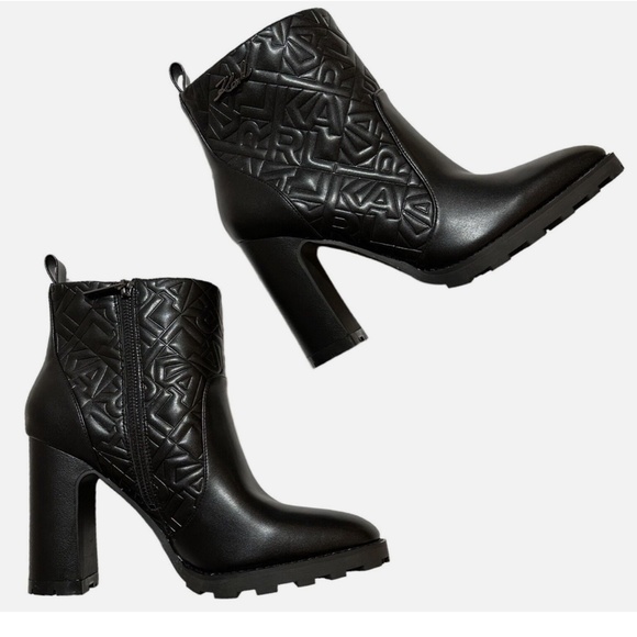 Karl Lagerfeld Black Patria Logo Embossed Lug Heel Bootie Ankle Boots 10 NEW - Picture 2 of 13